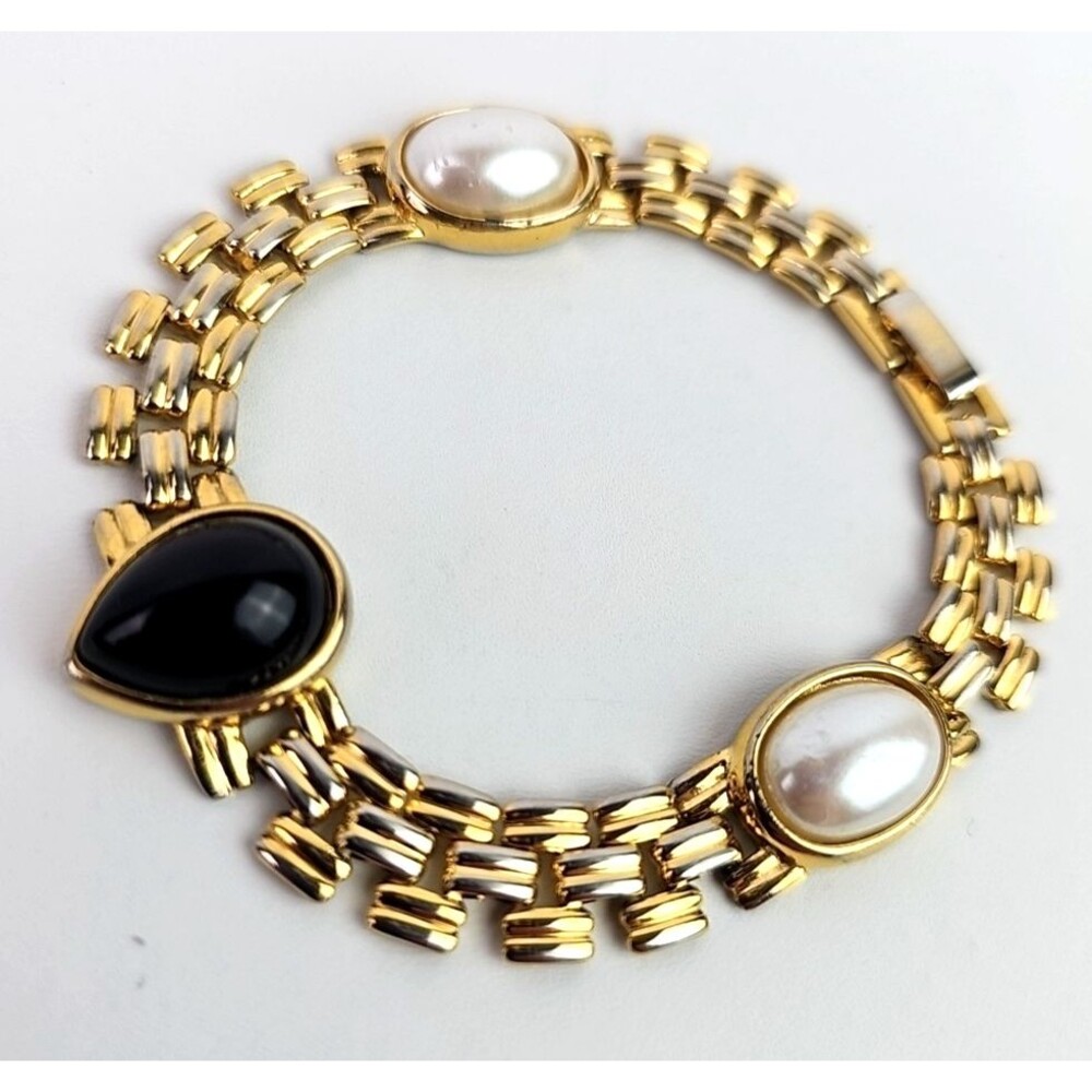 Vintage Marvella Pearl Black Cabochon Bracelet Gold Tone Signed